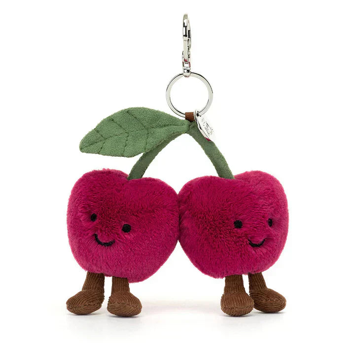 Jellycat Amuseables Cherries Bag Charm featuring soft, plush cherries with a cute smile and keychain attachment.