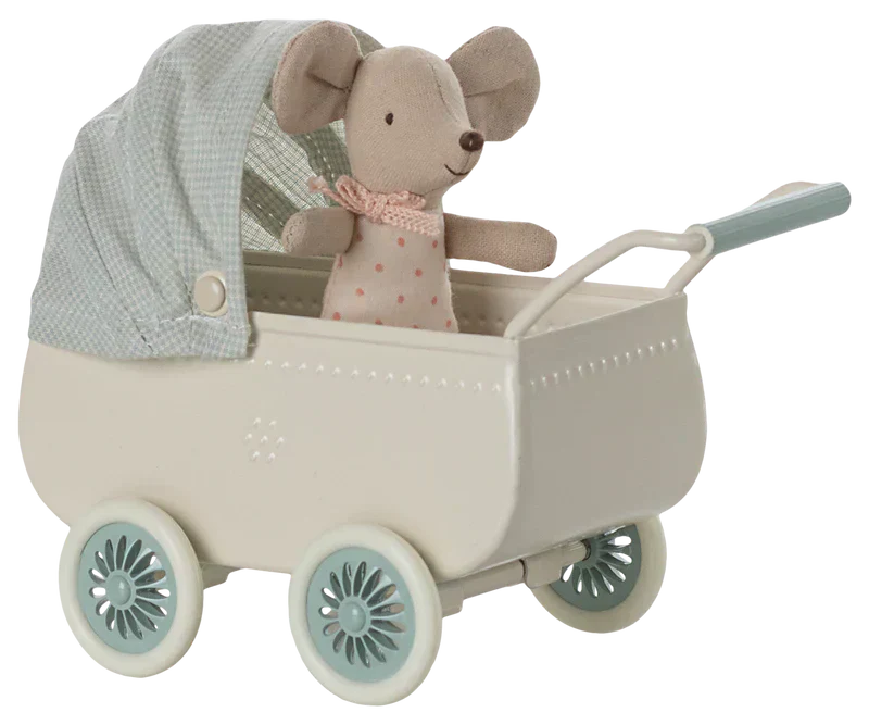 Maileg Pram with Baby Mouse - Mint - Caitly