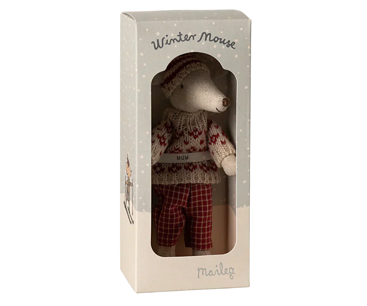 Maileg Winter mouse with ski set, Mum - Red - Caitly