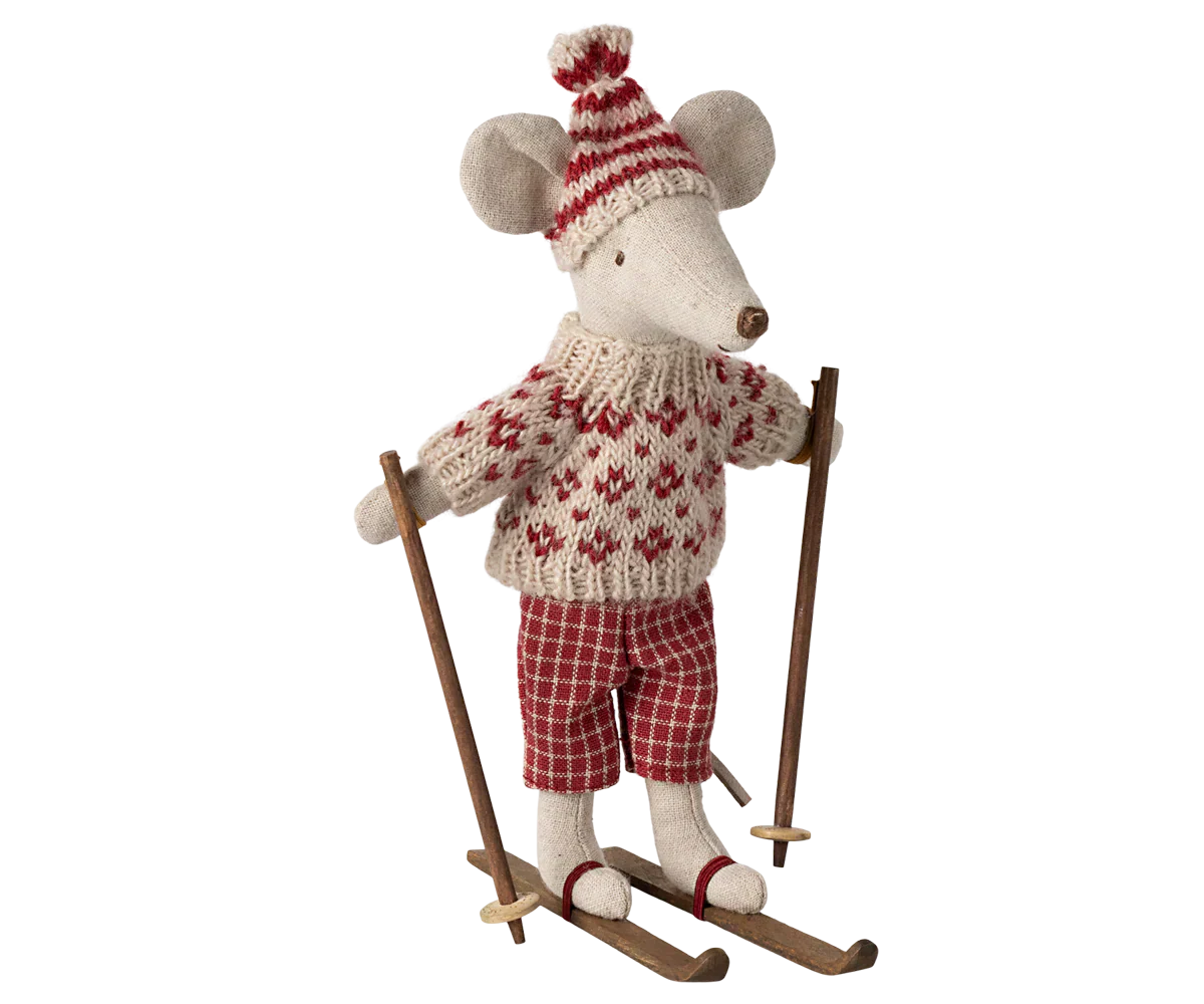 Maileg Winter mouse with ski set, Mum - Red - Caitly