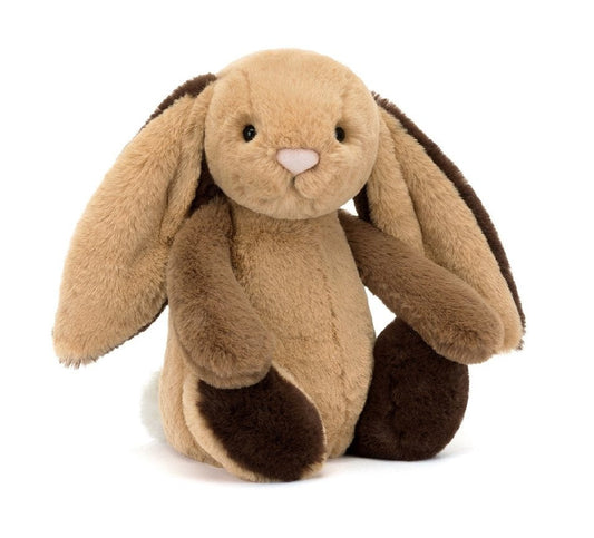 Jellycat Bashful Patchwork Brown Bunny plush toy with soft patchwork fabric and floppy ears, ideal for cuddling and play.