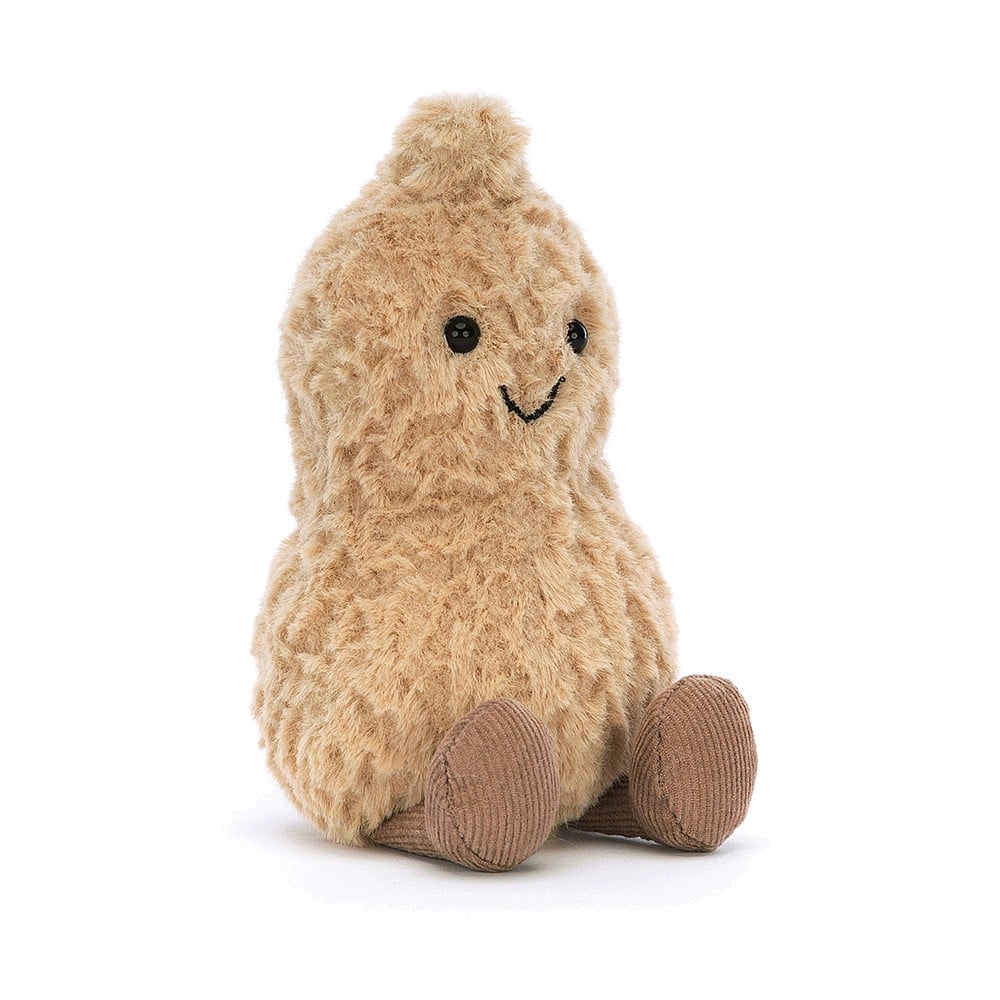 Amuseable Peanut plush toy by Jellycat, featuring a cute smiling face and soft, textured fabric in a playful pose.