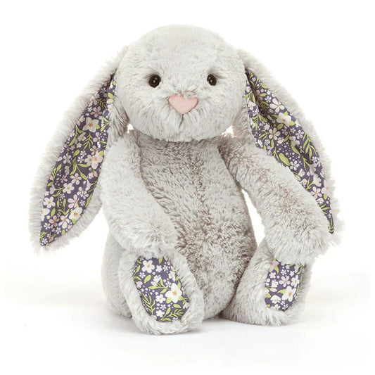 Jellycat Blossom Silver Bunny "Bloom" small plush toy with soft silver fur and embroidered facial features, ideal for gentle play.