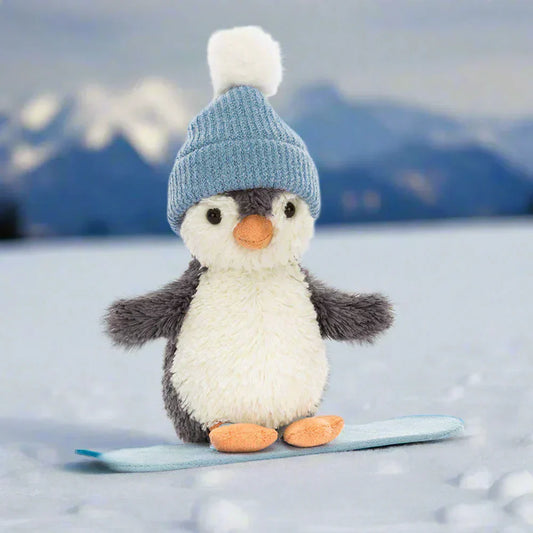Jellycat Peanut Penguin Snowboarding plush toy, soft play character with a fun snowboarding pose and colorful details.