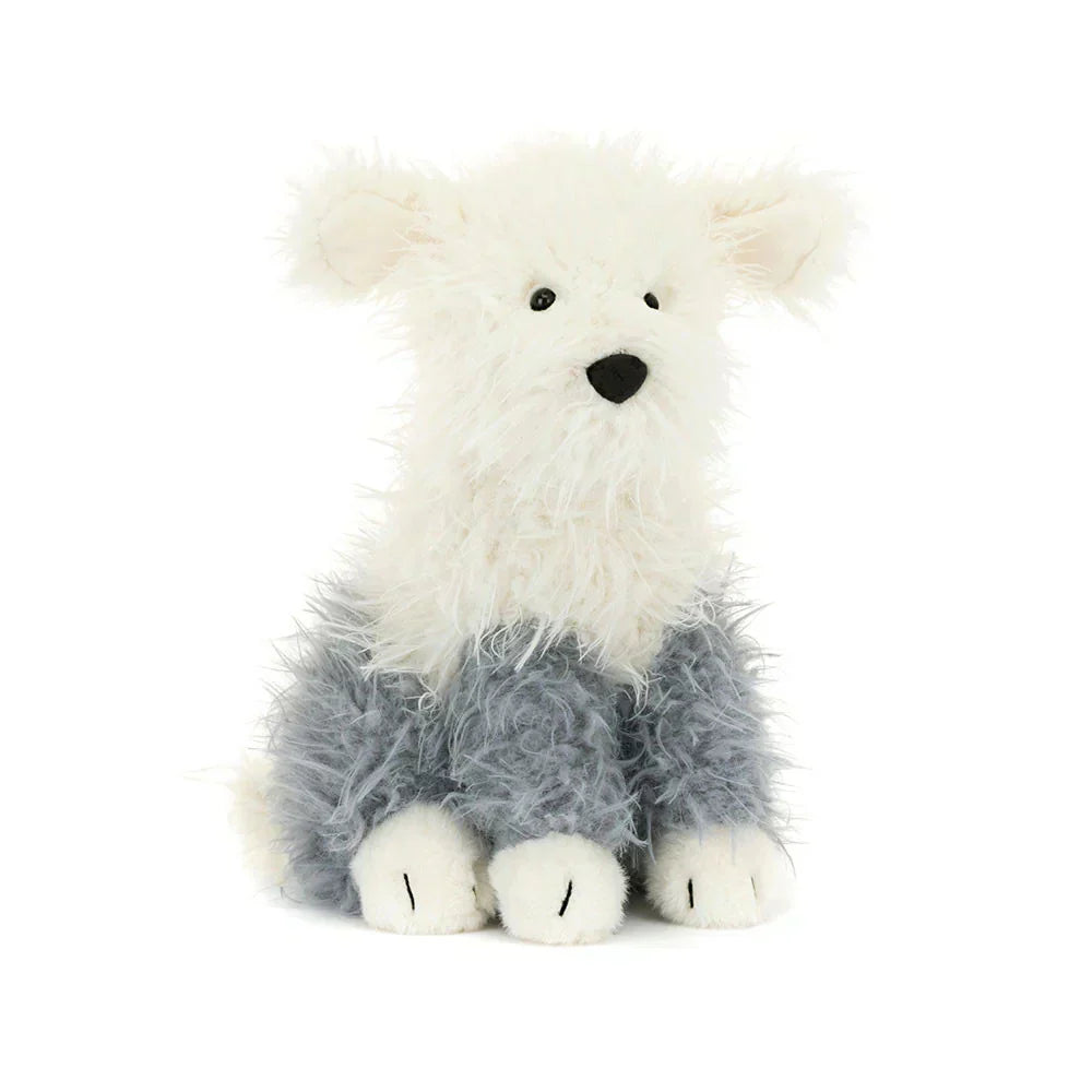 Soft Jellycat Ewert Sheepdog plush toy from the Play collection, featuring fluffy white fur and adorable sheepdog details.