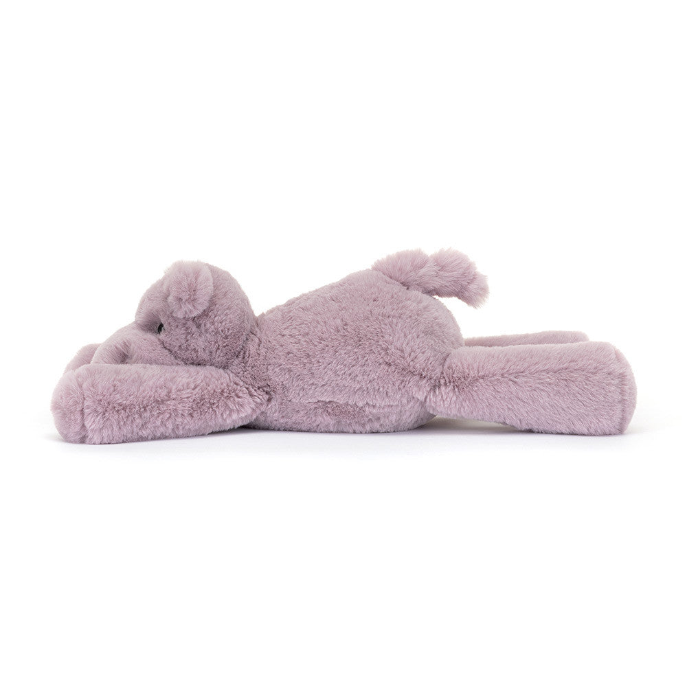 Jellycat Smudge Hippo Tiny plush toy with soft gray fur and cute facial features, ideal for cuddling and play.
