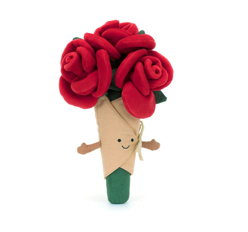 Soft Jellycat Amuseables Rose Bouquet plush toy with pink roses and green leaves, perfect for gifting or decorative display.