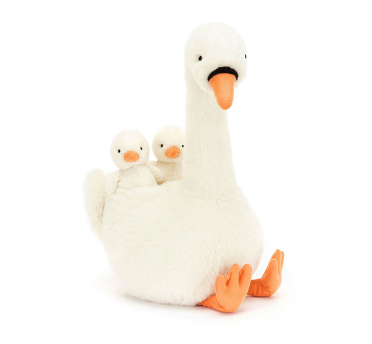 Featherful Swan plush toy by Jellycat with soft feathers and a gentle expression, perfect for play and cuddling.