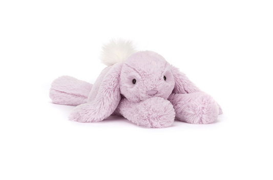 Jellycat Smudge Lavender Rabbit plush play toy with soft lavender fur and floppy ears, perfect for cuddling and play.