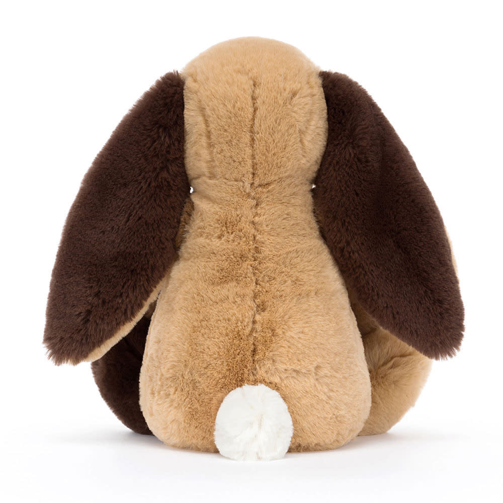 Jellycat Bashful Patchwork Brown Bunny plush toy with soft patchwork fabric and floppy ears, ideal for cuddling and play.
