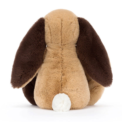 Jellycat Bashful Patchwork Brown Bunny plush toy with soft patchwork fabric and floppy ears, ideal for cuddling and play.