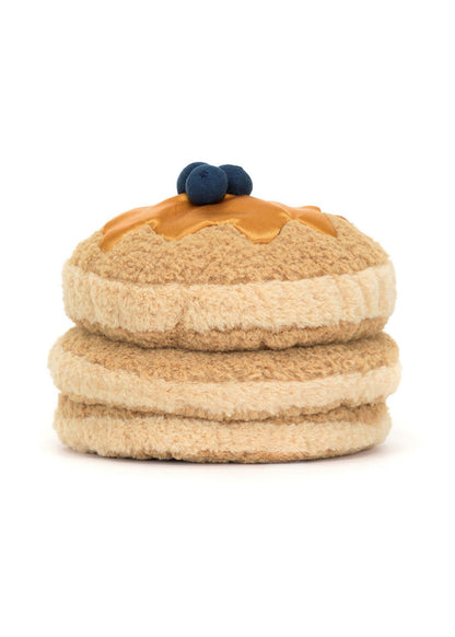 Soft plush Jellycat Amuseables Fran Pancakes toy featuring a cute pancake stack with syrup and toppings, ideal for children.